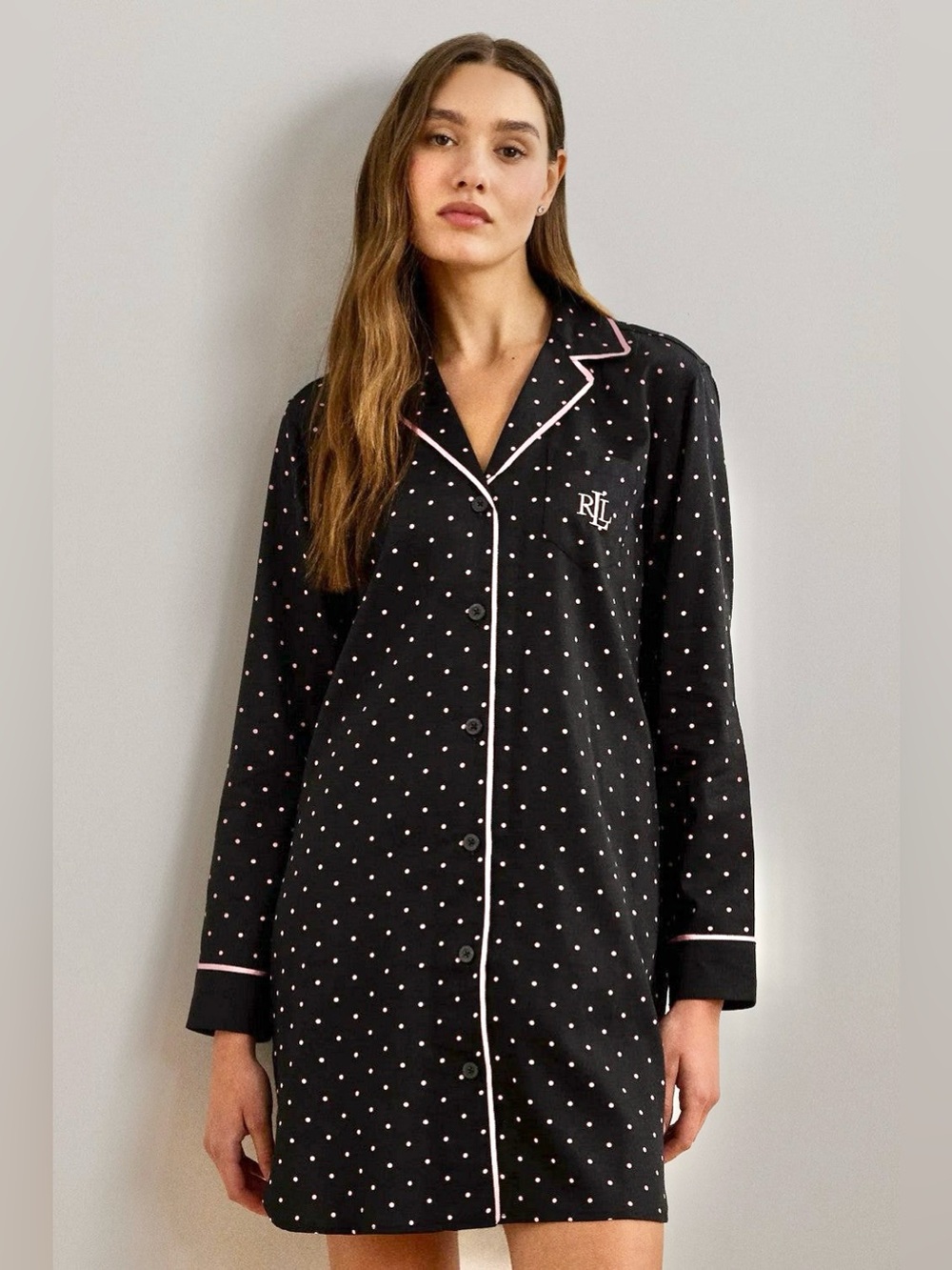 Lauren Ralph Lauren Black Pink Polka Dot Sleep Shirt Nightshirt XS LRL